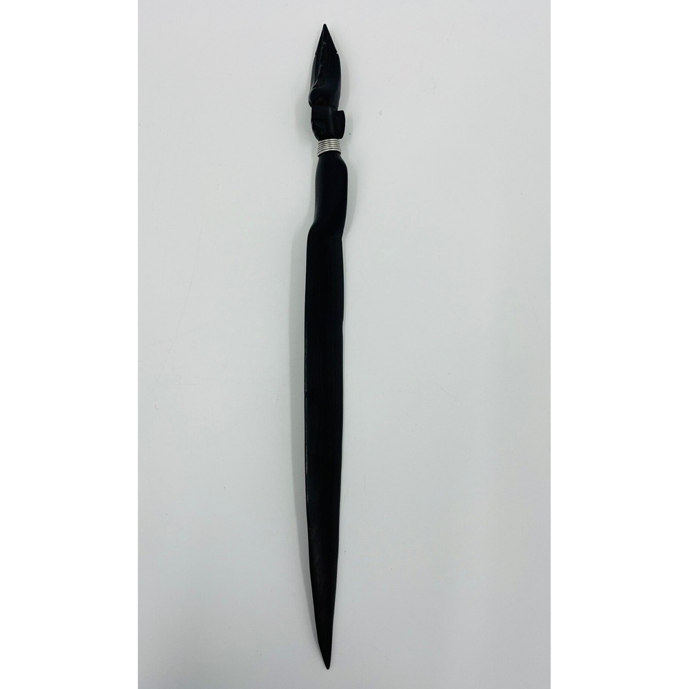 Vintage African Letter Opener Ebony Wood Figural Coil Collar 11" Folk Art